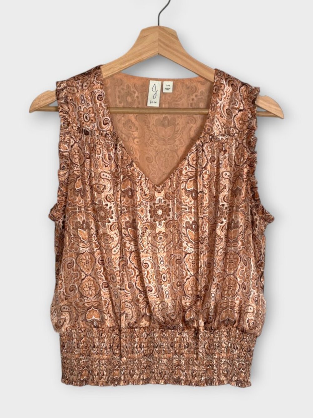 Joie Top Blouse L Copper Metallic Paisley Sleeveless Smocked Waist V-neck